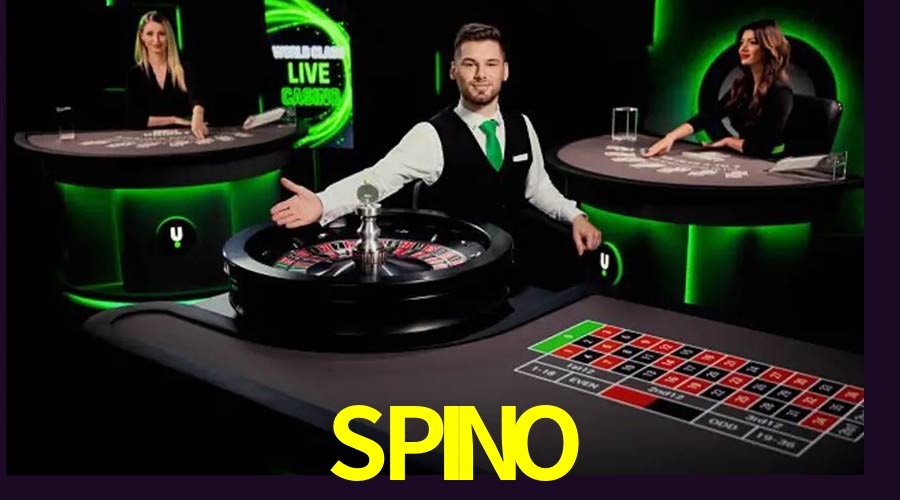 Una escena digital vívida inspirada en casino con SPINO mostrado prominentemente, luces brillantes, fichas, cartas y acentos dorados.